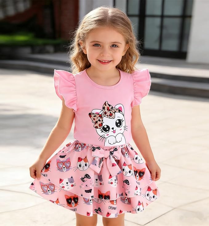 Girls Skirt Set 2 Piece Outfit Toddler Summer Clothes Ruffle Sleeve T-Shirt Bow - Image 3