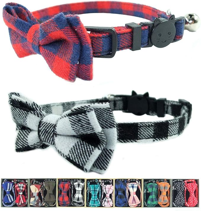 Cat Collar Breakaway with Bell and Bow Tie, Plaid Design Adjustable Safety by Ximipet