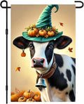 Happy Fall Garden Flag Halloween Flag Cute Cow Calf 12x18 Inch Witch Hat by BlissYard