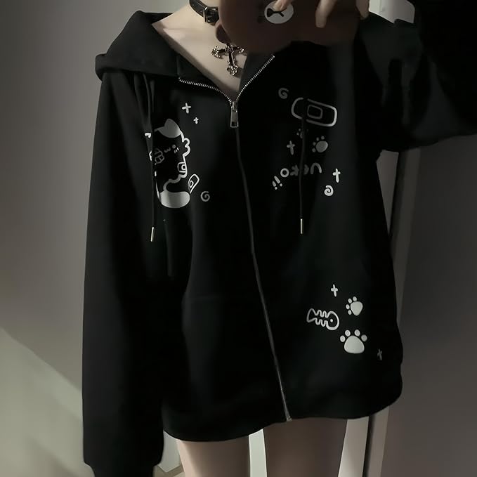 Womens Y2K Zip Up Cute Graphic Hoodies Cat Ears Casual Cartoon Harajuku Kawaii - Image 2