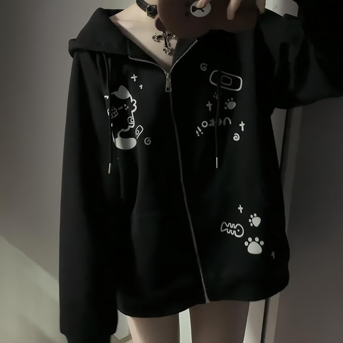 Womens Y2K Zip Up Cute Graphic Hoodies Cat Ears Casual Cartoon Harajuku Kawaii - Image 2