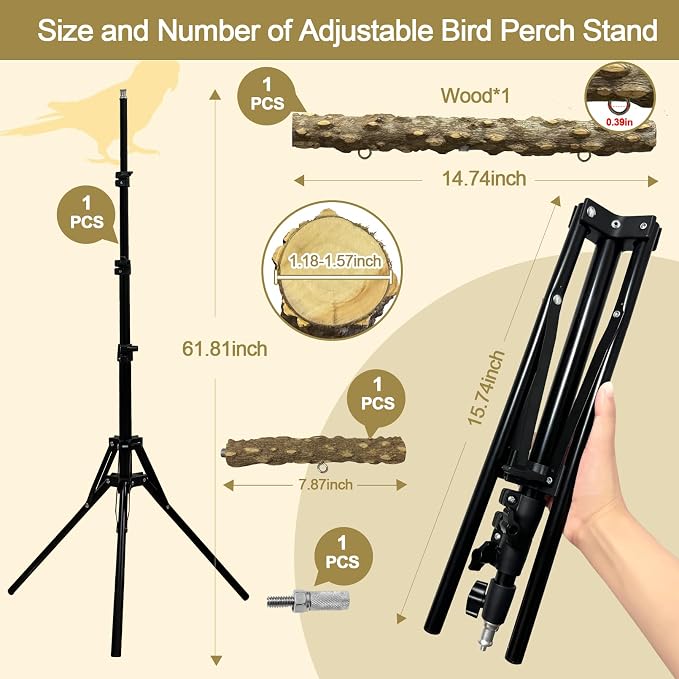 3-Layer 16-63 Inch Height Adjustable Bird Perch Pepper Wood Birds Training - Image 4