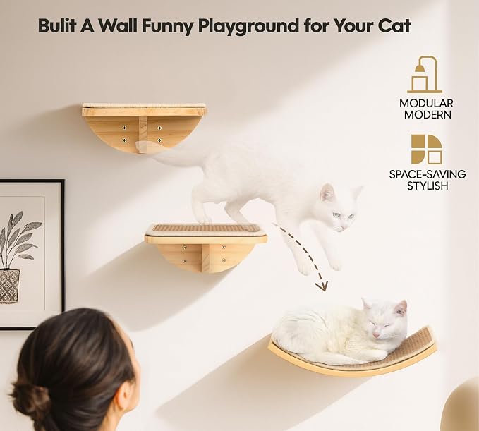 Cat Wall Shelves with Sisal Pads, 4-Piece Wooden Cats Furniture Set with Cat - Image 7