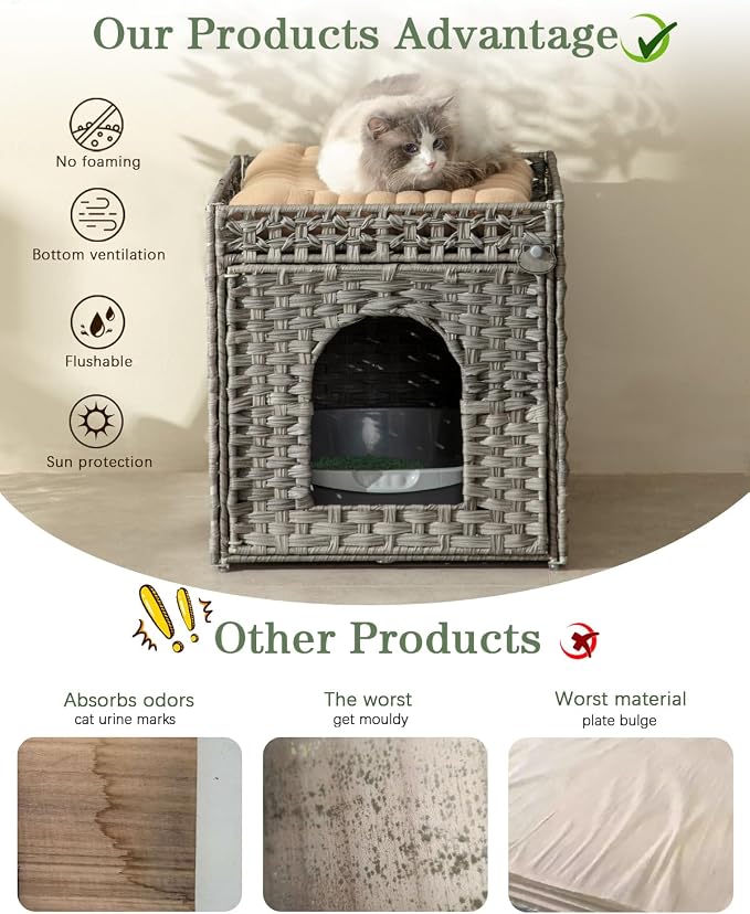 Cat Litter Enclosure with Hidden Litter Mat and Rattan Cat House, Supports Two - Image 4