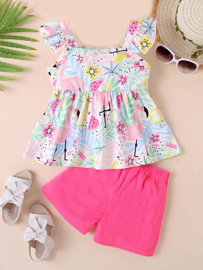 Toddler Baby Girls Summer Clothes Outfits Ruffled Sleeve Dinosaur Shirt Leopard - Image 2