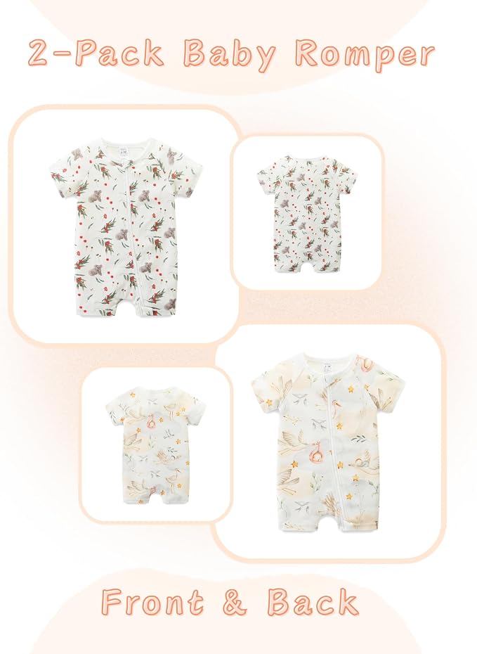 Unisex Summer Trendy 2-Pack Rompers Short Sleeve Zipped Bodysuit Infant Cotton - Image 2