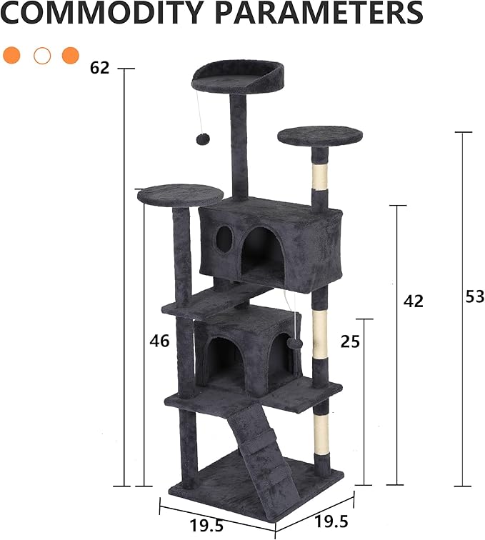 BestPet | 62" Cat Tree Tower | Dark Gray | Sturdy, Hanging Cat Toys, - Image 7