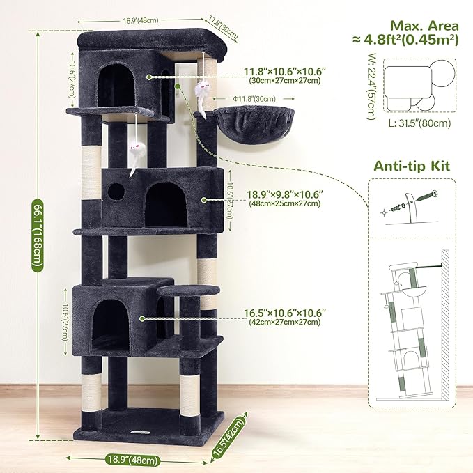 Globlazer Corner Cat Tree 66 inch Multi-Level Climbing Tower Kitty Condos Cat - Image 6