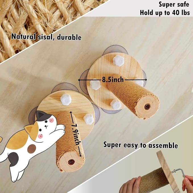Cat Window Perch with 2 Stairs, Natural Wood, 5 Strong Suction Cups - Image 3
