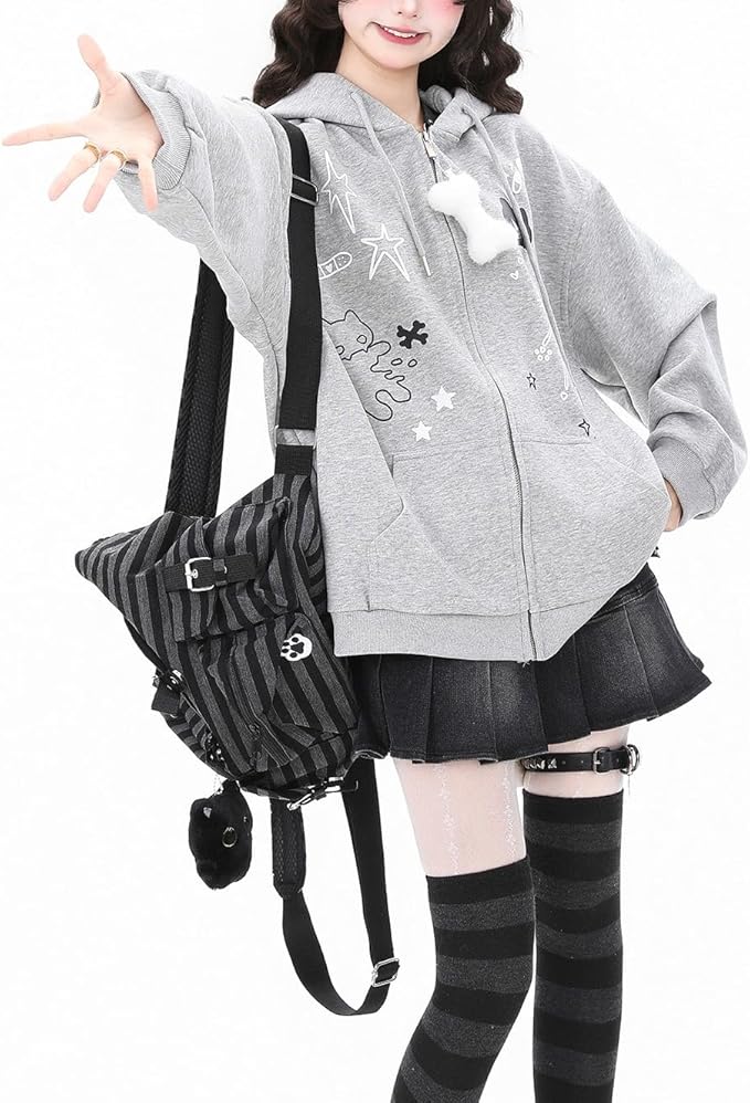 Womens Y2K Zip Up Cute Graphic Hoodies Cat Ears Casual Cartoon Harajuku Kawaii - Image 3