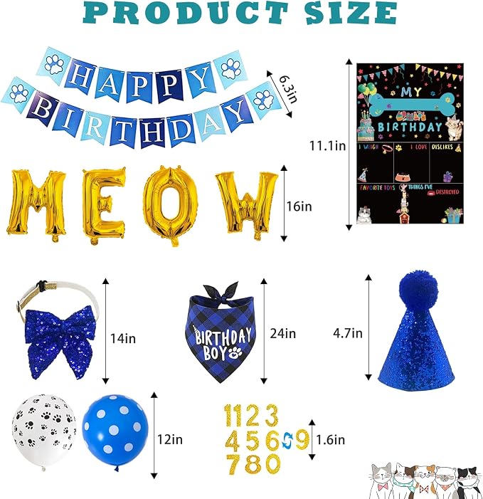 Cat Kitten Birthday Bandanas Cat Birthdays Party Supplies Party Hat Boy - Image 3