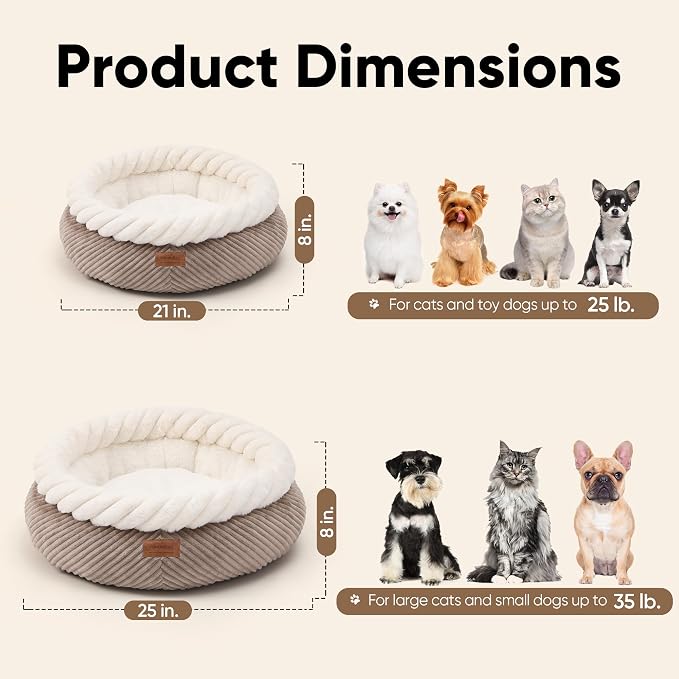 FUKUMARU Cat Bed, Calming Donut Dog Beds, Plush Faux Fur&Corduroy Kitten Beds - Image 6