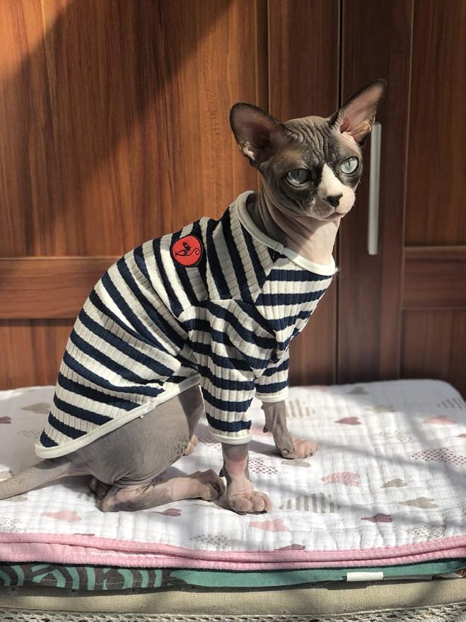 DENTRUN Hairless Cats Shirt Breathable Cat Daily Wear Clothes Stripe Vest - Image 4
