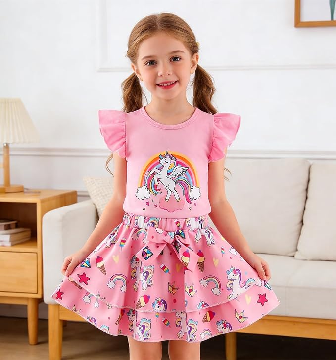 Girls Skirt Set 2 Piece Outfit Toddler Summer Clothes Ruffle Sleeve T-Shirt Bow - Image 3