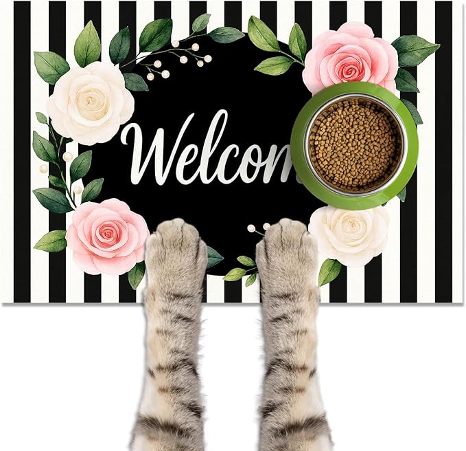 Pet Feeding Mat 24" x 16" Floral Stripe Welcome Design Non Slip Dog Food Mat by HOMETITUTE
