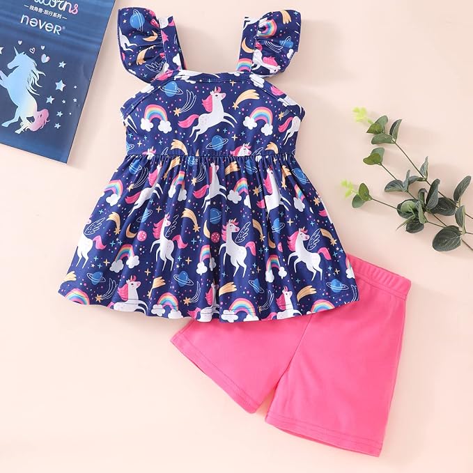Toddler Baby Girls Summer Clothes Outfits Ruffled Sleeve Dinosaur Shirt Leopard - Image 2