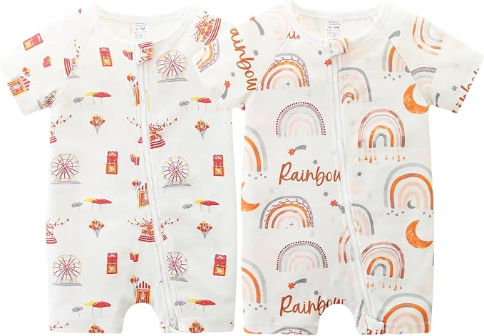 Unisex Summer Trendy 2-Pack Rompers Short Sleeve Zipped Bodysuit Infant Cotton by JingleBaBa