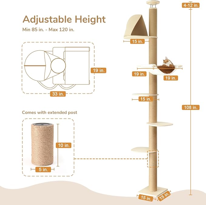 FUKUMARU Floor to Ceiling Cat Tree, 6 Level Adjustable Height Climbing Tower - Image 2