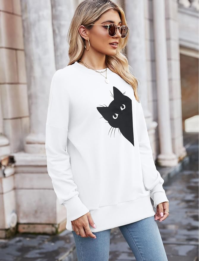 FRYAID Cat Sweatshirt Women Funny Black Cat Graphic Sweater Casual Cat Crewneck - Image 3