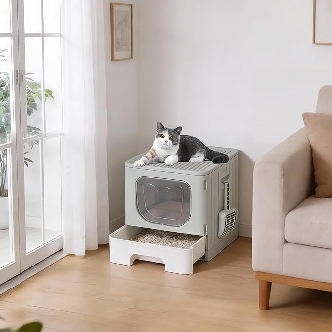 OLIXIS Cat Litter Box with Lid, Large Foldable Cat Box with Litter Scoop - Image 7