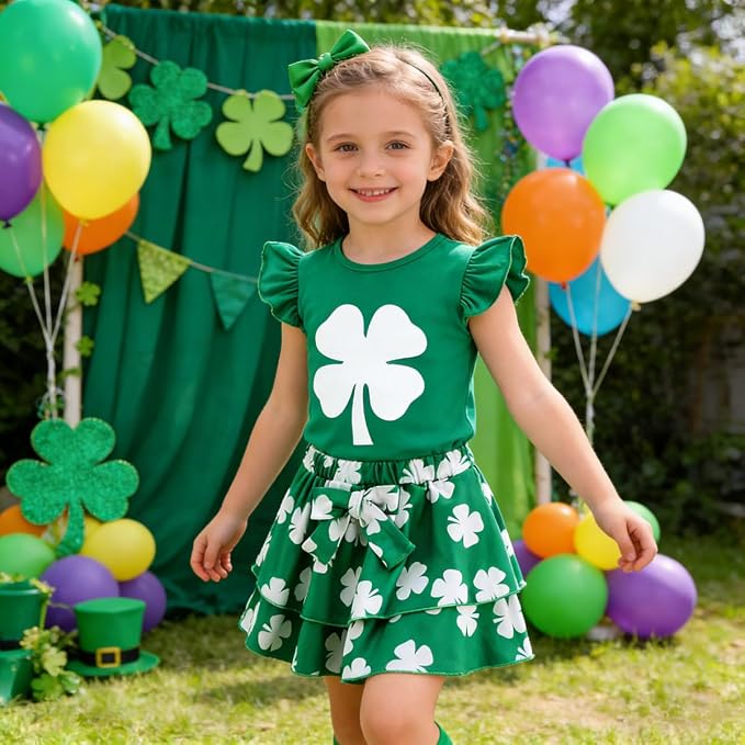 Girls Skirt Set 2 Piece Outfit Toddler Summer Clothes Ruffle Sleeve T-Shirt Bow - Image 3