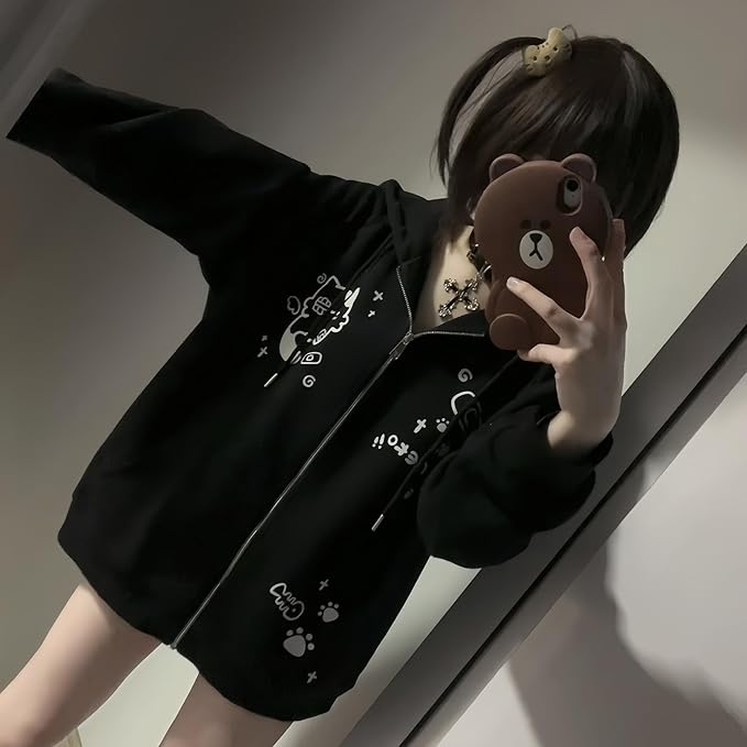 Womens Y2K Zip Up Cute Graphic Hoodies Cat Ears Casual Cartoon Harajuku Kawaii - Image 5