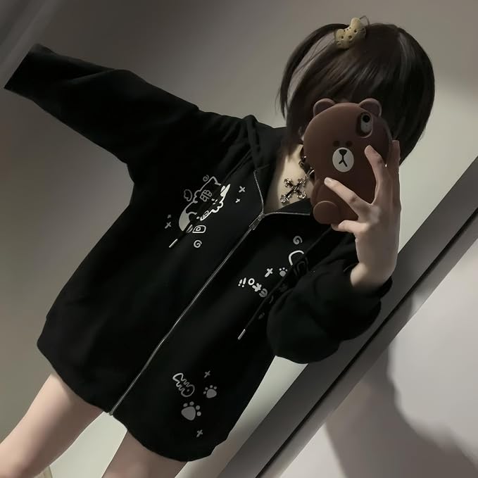 Womens Y2K Zip Up Cute Graphic Hoodies Cat Ears Casual Cartoon Harajuku Kawaii - Image 5