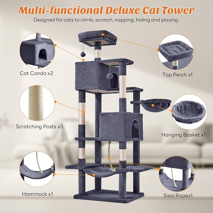 Sweetcrispy 66 inch Cat Tree Tower, Large Multi Level Cat Climbing Tower - Image 2