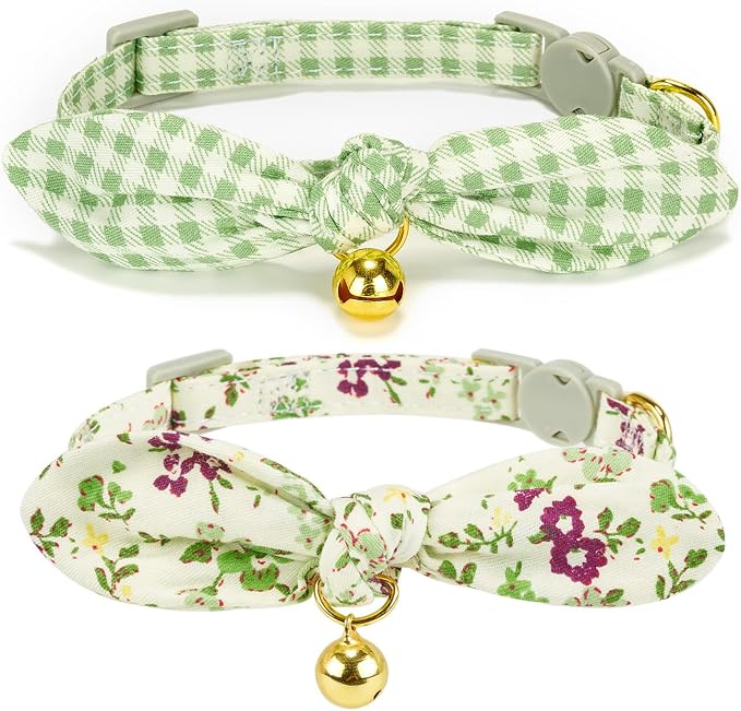 Bowtie Cat Collar with Bell, 2 Pack Cotton Breakaway Kitten Collars with by YUDOTE