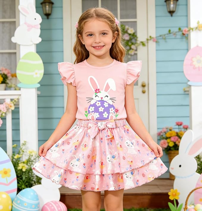 Girls Skirt Set 2 Piece Outfit Toddler Summer Clothes Ruffle Sleeve T-Shirt Bow - Image 2