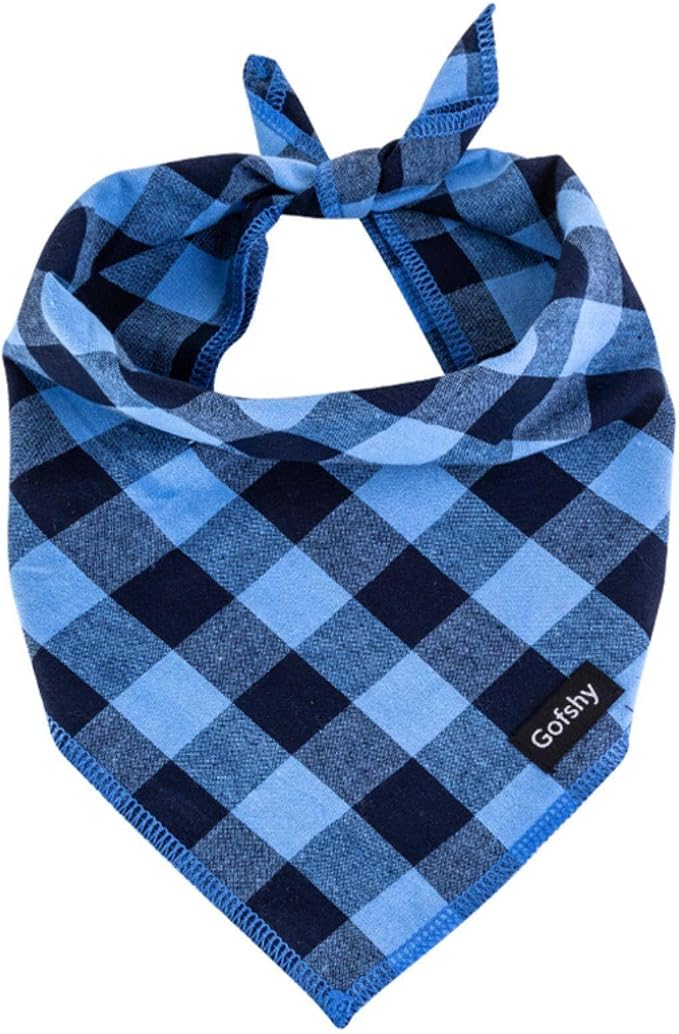 Boy Dog Bandana Large- Blue Black Dog Scarf Buffalo Plaid Printing Adjustable by Gofshy