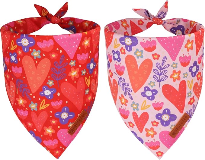 ADOGGYGO Valentines Dog Bandana 2 Pack, Heart and Floral Print Puppy Scarf Bib by ADOGGYGO