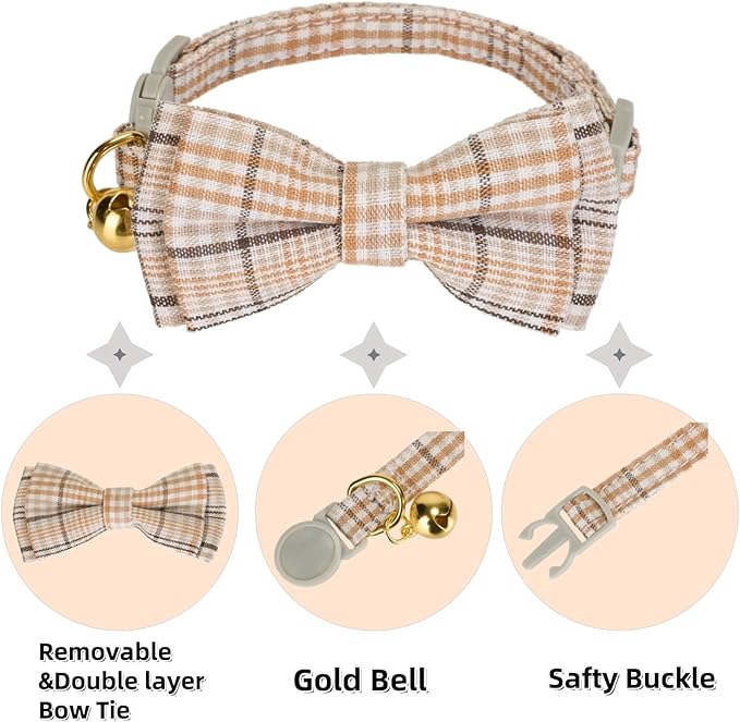 2 Pack Cotton Cat Collar, Removable Bowtie, Plaid Pattern, Safety Breakaway - Image 2