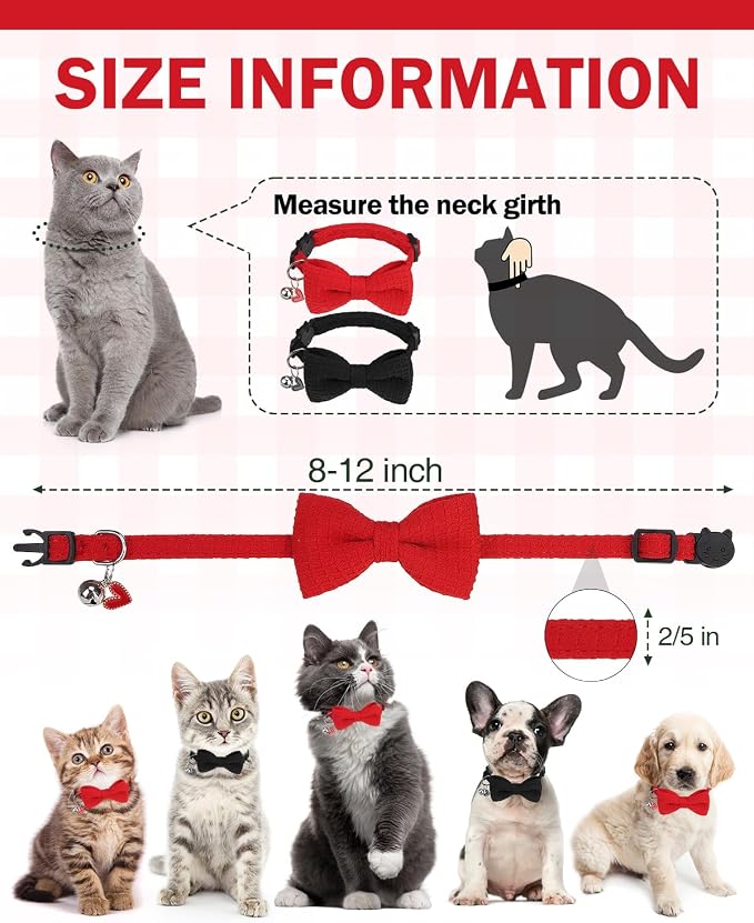 Cat Collar Breakaway with Bells, Soft Cotton Red Cat Bowtie Collar - Image 7