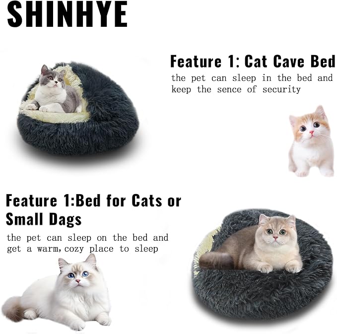 ShinHye Cat Bed Round Plush Fluffy Hooded Cat Bed Cave, Cozy - Image 4