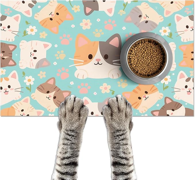 Cat Feeding Mat 24x16 inch Blue Kitten Print Pet Bowl Placemat Non Slip Floor by HOMETITUTE