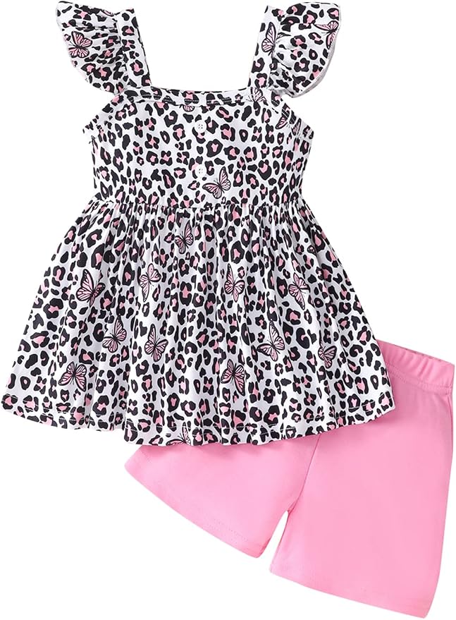 Toddler Baby Girls Summer Clothes Outfits Ruffled Sleeve Dinosaur Shirt Leopard by Popshion