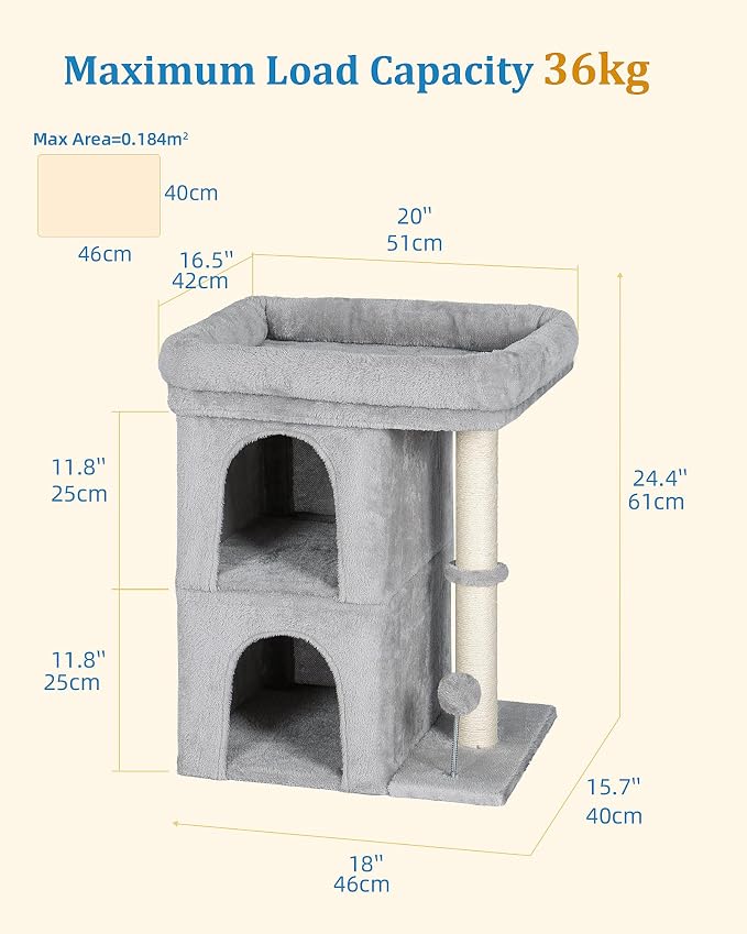 24in Cat Tree Tower with Scratching Post, 19 * 16.5in Window Perch Bed - Image 7