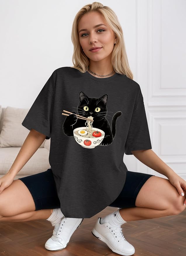 Cat Shirts for Women Oversized Cat Mom Shirt Animal Print Tops Cute Teen - Image 3