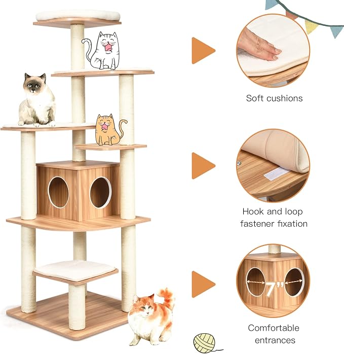 PETSITE 69 Inches Tall Cat Tree, Modern Wooden Cat Tower - Image 4