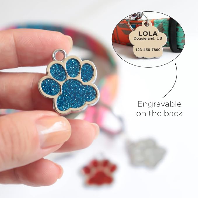 Paw Shape Dog ID Tag Stainless Steel Custom Laser Engraved, Cute Bling Glitter - Image 6