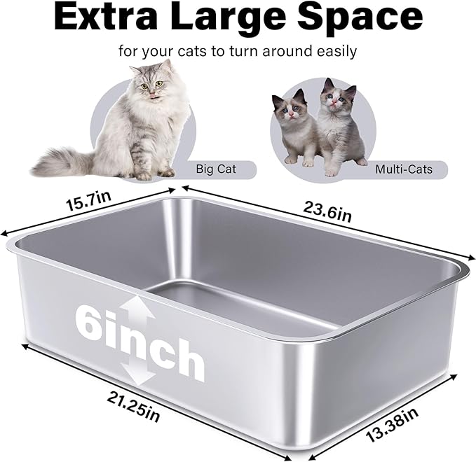 Stainless Steel Litter Box, 23.6“x15.7"x6" Deep Stainless Steel Cat Litter Box - Image 3