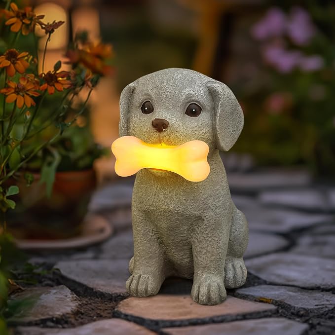 Solar Dog Statue with Glowing Bone Light, Outdoor Puppy Figurine by Unknown