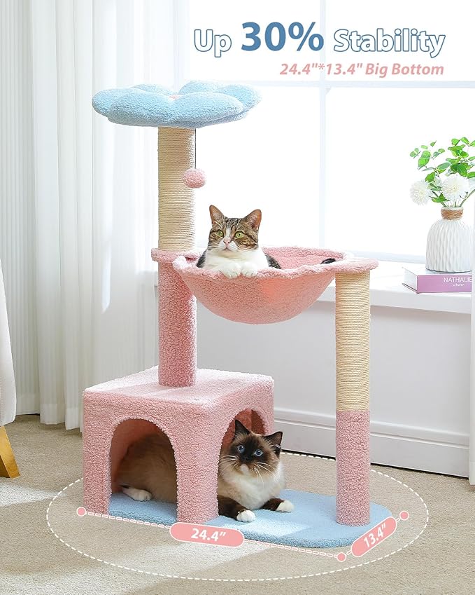 Flower Cat Tree with Large Metal Frame Hammock, Cat Condo with Blue Top Perch - Image 3