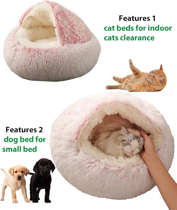 ShinHye Cat Bed Round Plush Fluffy Hooded Cat Bed Cave, Cozy - Image 4