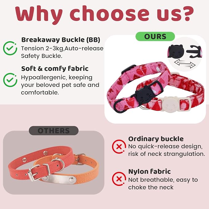 Valentine Cat Collar-2 Pack Collars Red and Pink Love-Heart Print Breakaway - Image 3