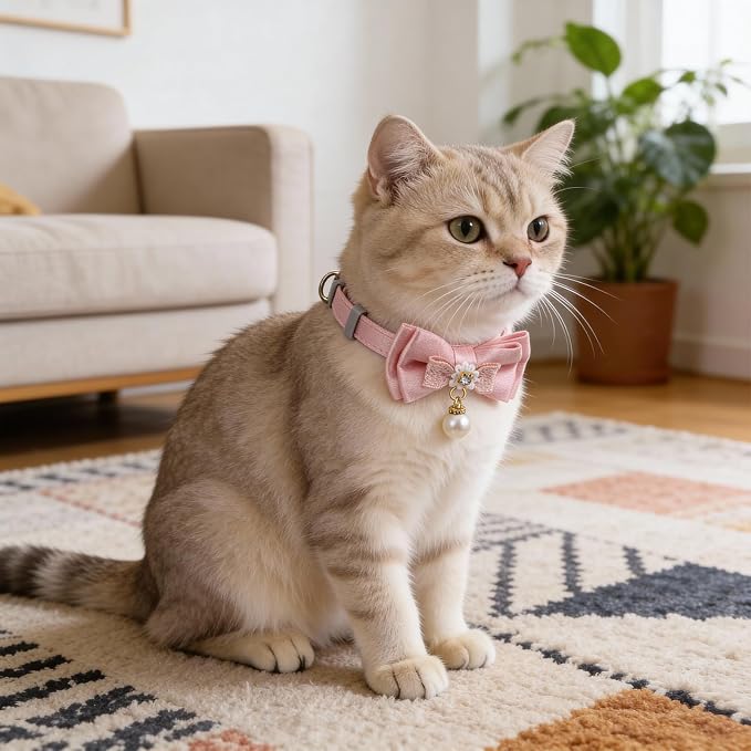 2 Pack Pink Cotton Cat Collars for Girl Cats, Cute Pearl Bow Kitten Collar - Image 3