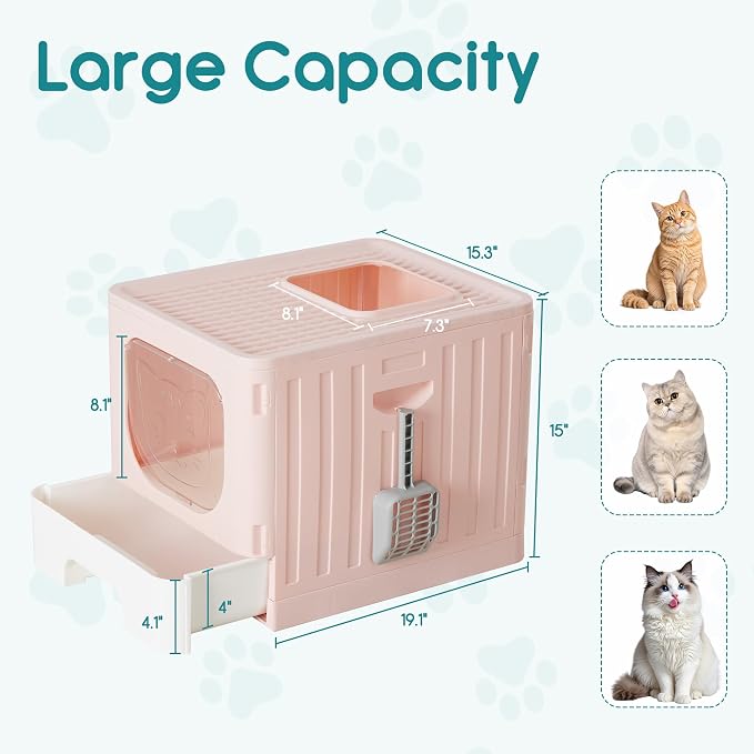 OLIXIS Cat Litter Box with Lid, Large Foldable Cat Box with Litter Scoop - Image 2