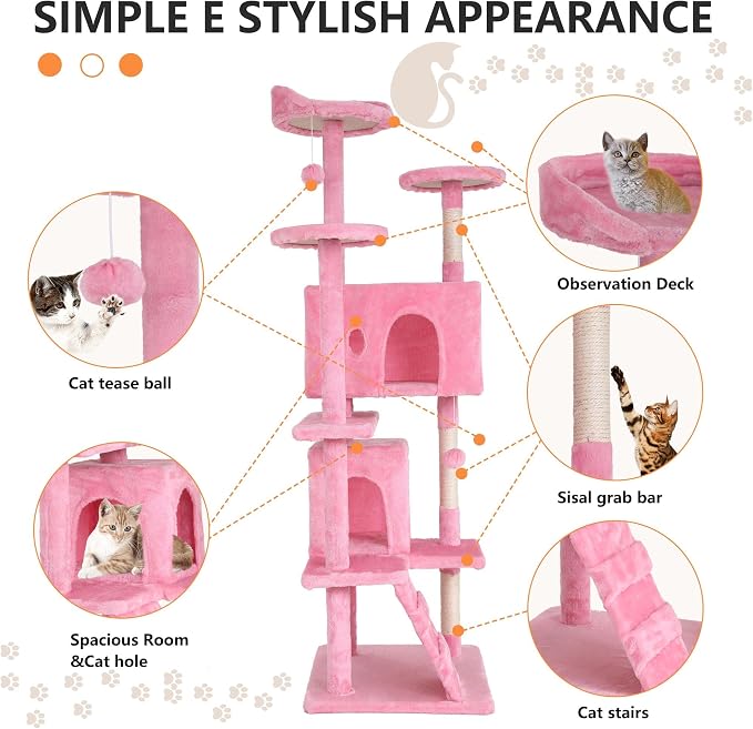 70 Inch Pink Cat Tree, Tall Cat Tower - Image 5