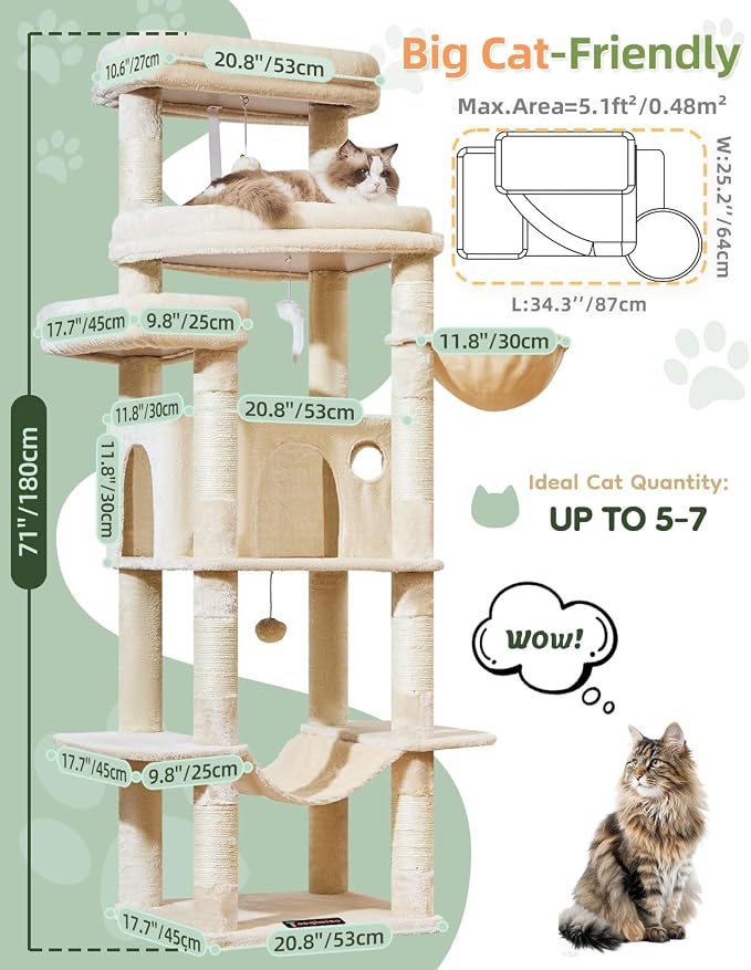 Taoqimiao 71 Inches Cat Tree for Large Cats 20lbs+, 3 Giant Perches, Widened - Image 2